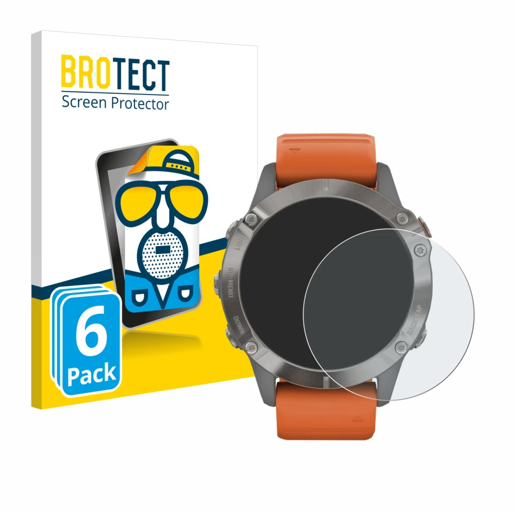 Parte frontal de un envase de producto con el logotipo de la marca BROTECT. Al lado se muestra el dispositivo Garmin Fenix 6 P