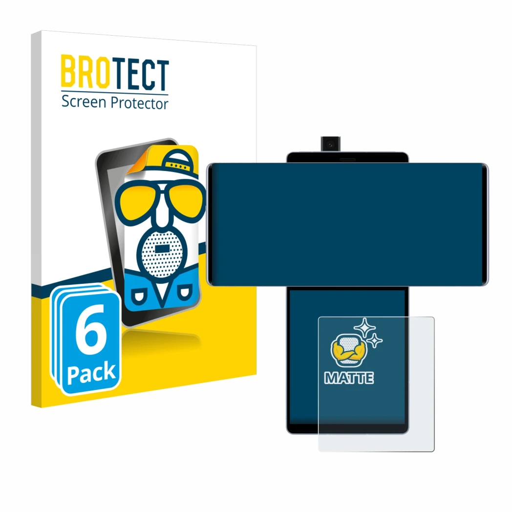 Parte frontal de un envase de producto con el logotipo de la marca BROTECT. Al lado se muestra el dispositivo LG Wing (Pantall