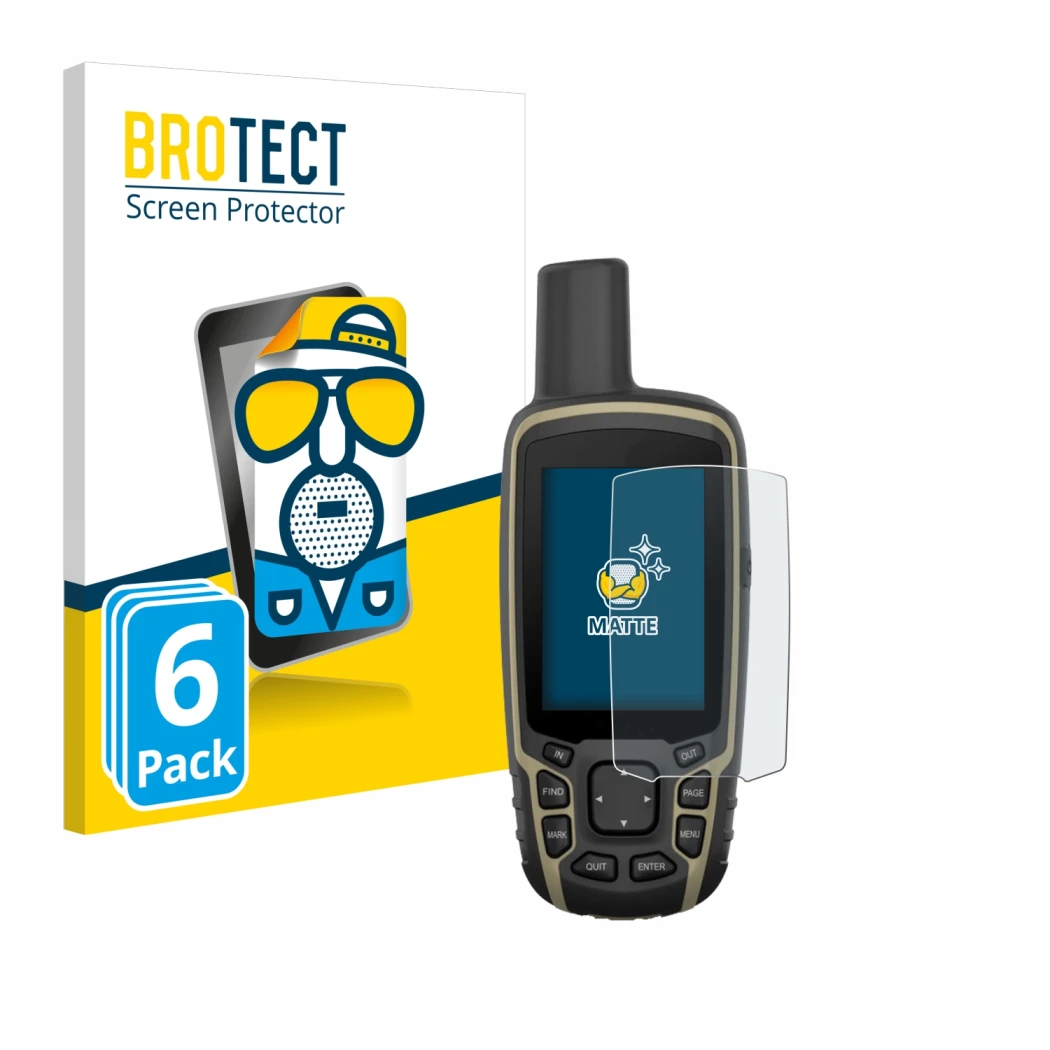 Parte frontal de un envase de producto con el logotipo de la marca BROTECT. Al lado se muestra el dispositivo Garmin GPSMAP 65