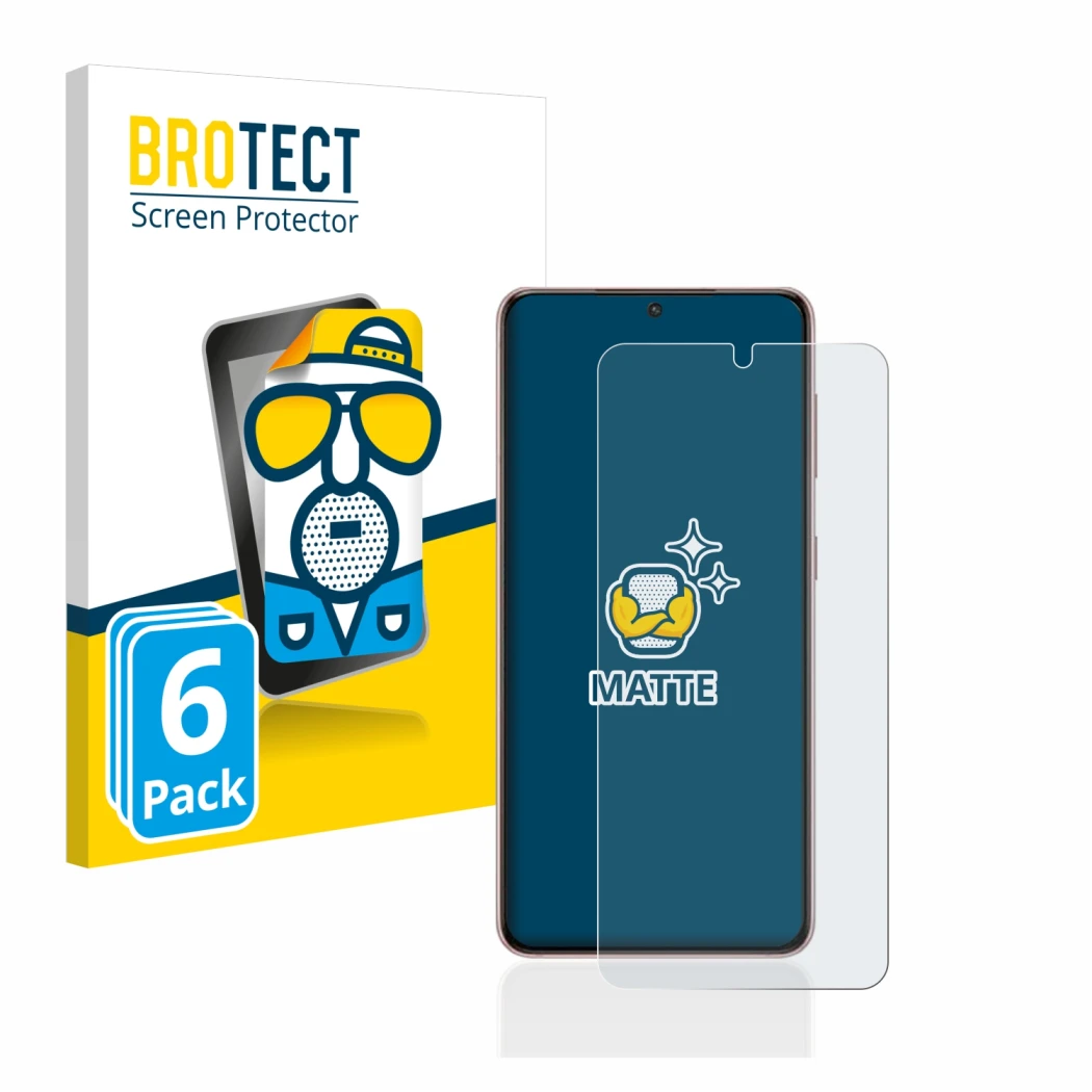 Parte frontal de un envase de producto con el logotipo de la marca BROTECT. Al lado se muestra el dispositivo Samsung Galaxy S