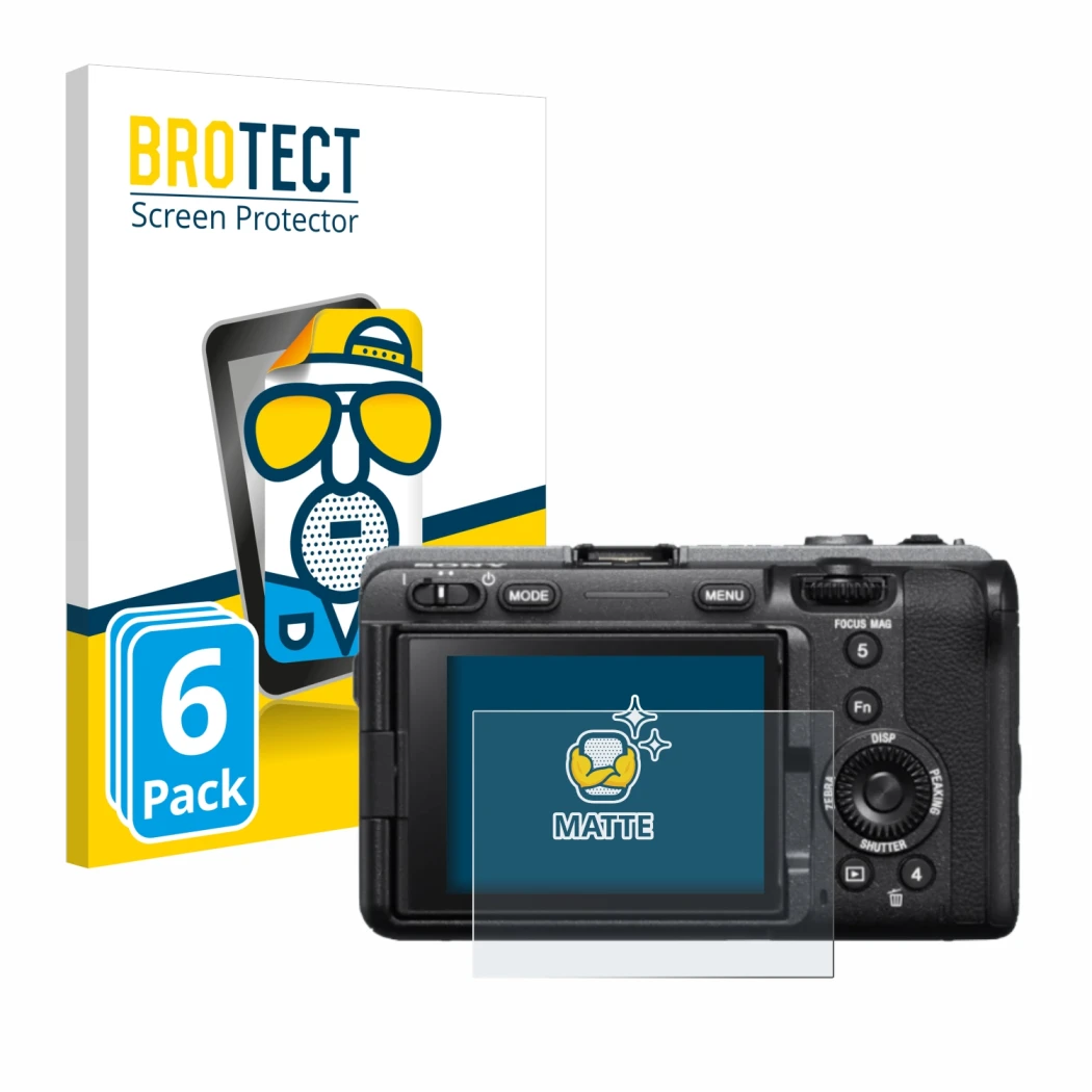 Parte frontal de un envase de producto con el logotipo de la marca BROTECT. Al lado se muestra el dispositivo Sony FX3 con su