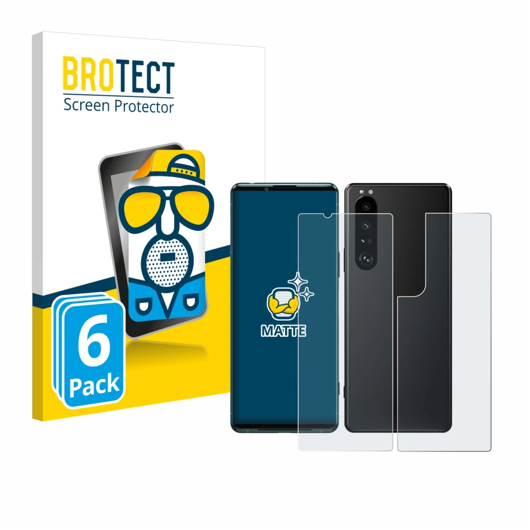 Parte frontal de un envase de producto con el logotipo de la marca BROTECT. Al lado se muestra el dispositivo Sony Xperia 5 II