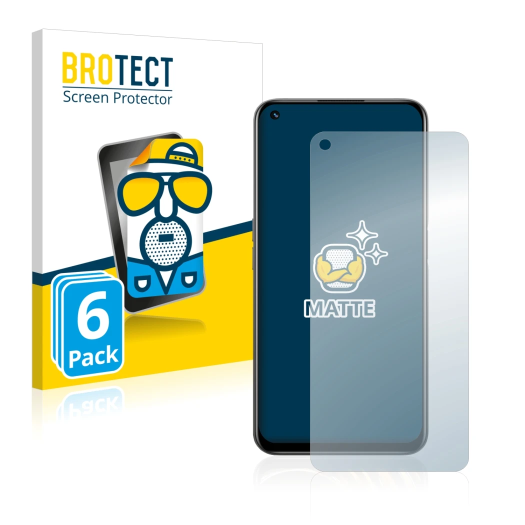 Parte frontal de un envase de producto con el logotipo de la marca BROTECT. Al lado se muestra el dispositivo realme 8i con su