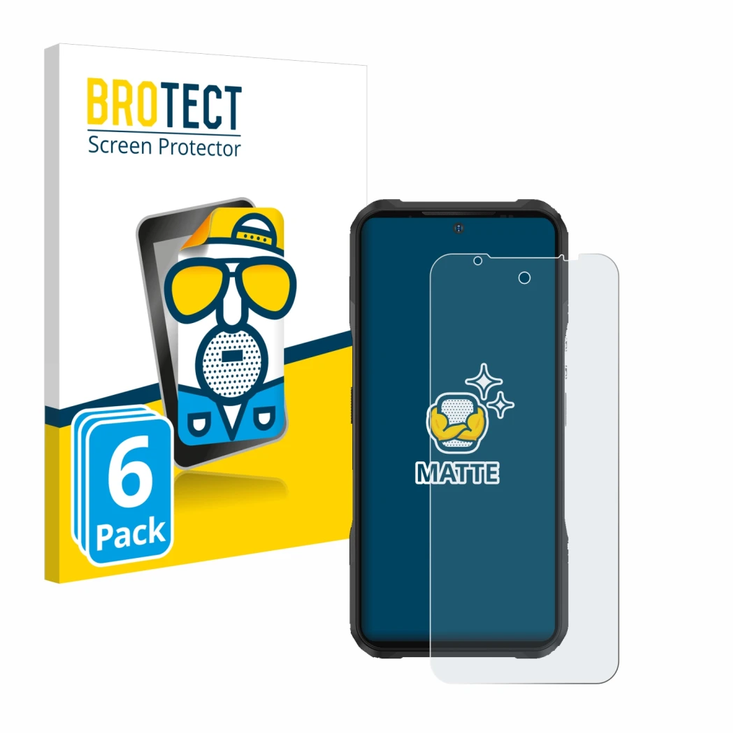 Parte frontal de un envase de producto con el logotipo de la marca BROTECT. Al lado se muestra el dispositivo Doogee V20 con s