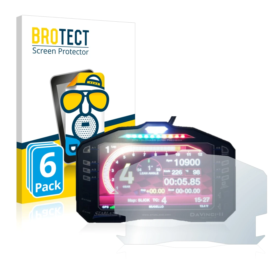 Parte frontal de un envase de producto con el logotipo de la marca BROTECT. Al lado se muestra el dispositivo Starlane DaVinci