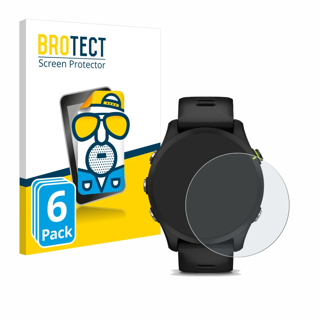 Parte frontal de un envase de producto con el logotipo de la marca BROTECT. Al lado se muestra el dispositivo Garmin Forerunne
