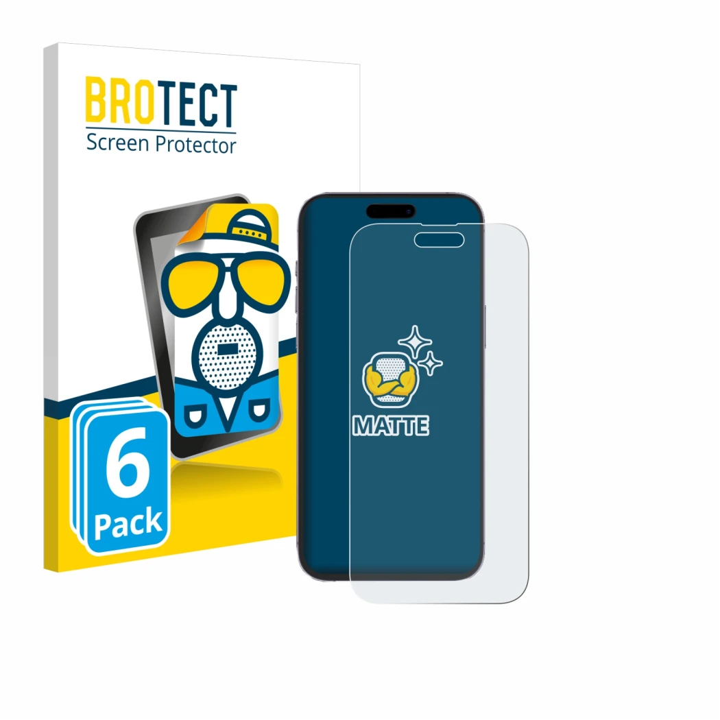 Parte frontal de un envase de producto con el logotipo de la marca BROTECT. Al lado se muestra el dispositivo Apple iPhone 14