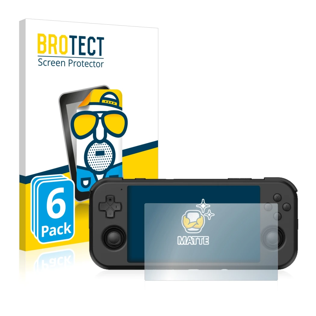 Parte frontal de un envase de producto con el logotipo de la marca BROTECT. Al lado se muestra el dispositivo Retroid Pocket 3