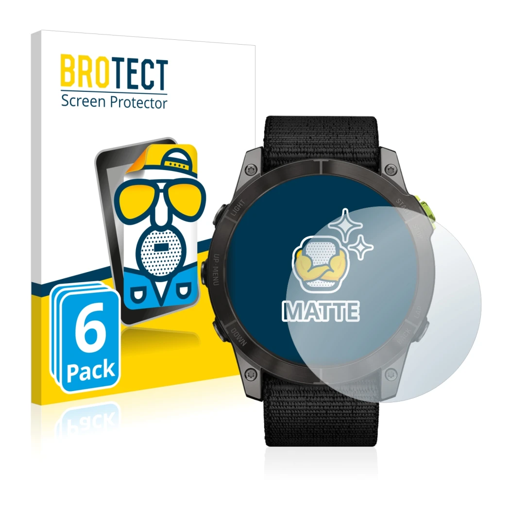 Parte frontal de un envase de producto con el logotipo de la marca BROTECT. Al lado se muestra el dispositivo Garmin Enduro 2