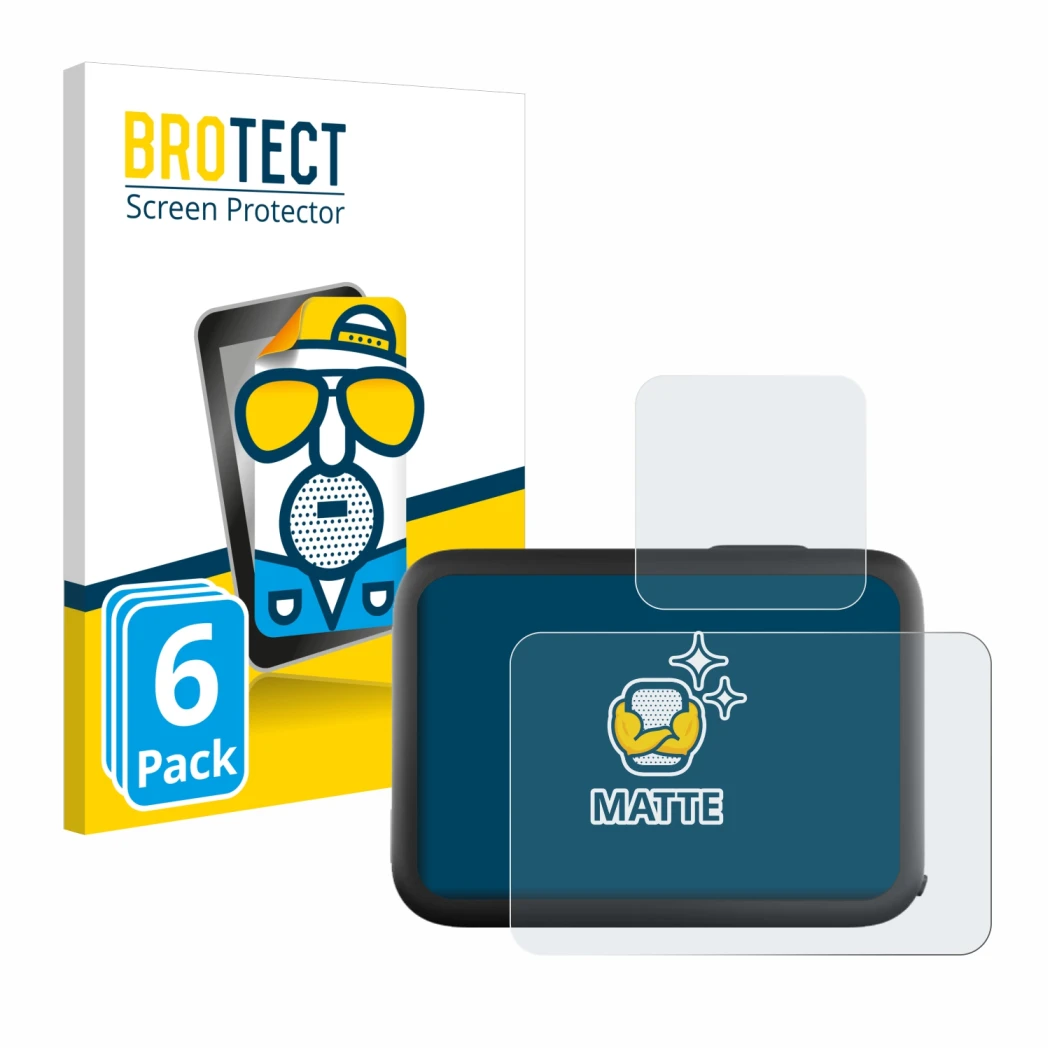 Parte frontal de un envase de producto con el logotipo de la marca BROTECT. Al lado se muestra el dispositivo GoPro Hero 11 Bl