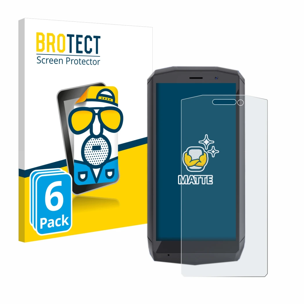 Parte frontal de un envase de producto con el logotipo de la marca BROTECT. Al lado se muestra el dispositivo Cubot Pocket con