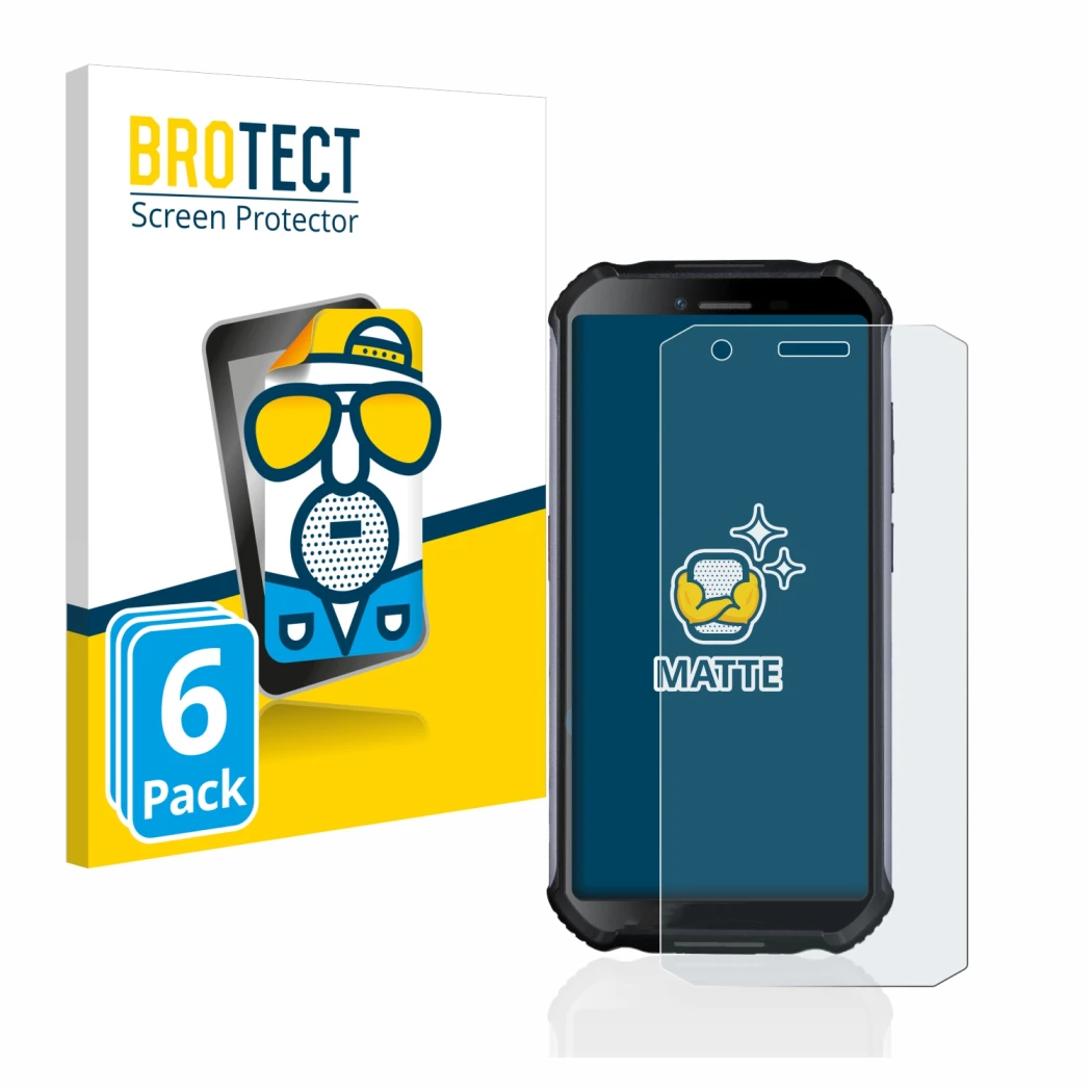 Parte frontal de un envase de producto con el logotipo de la marca BROTECT. Al lado se muestra el dispositivo Doogee S41 con s