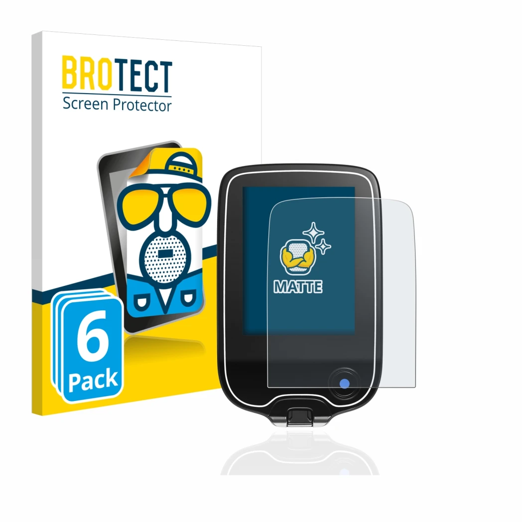 Parte frontal de un envase de producto con el logotipo de la marca BROTECT. Al lado se muestra el dispositivo Freestyle Libre 