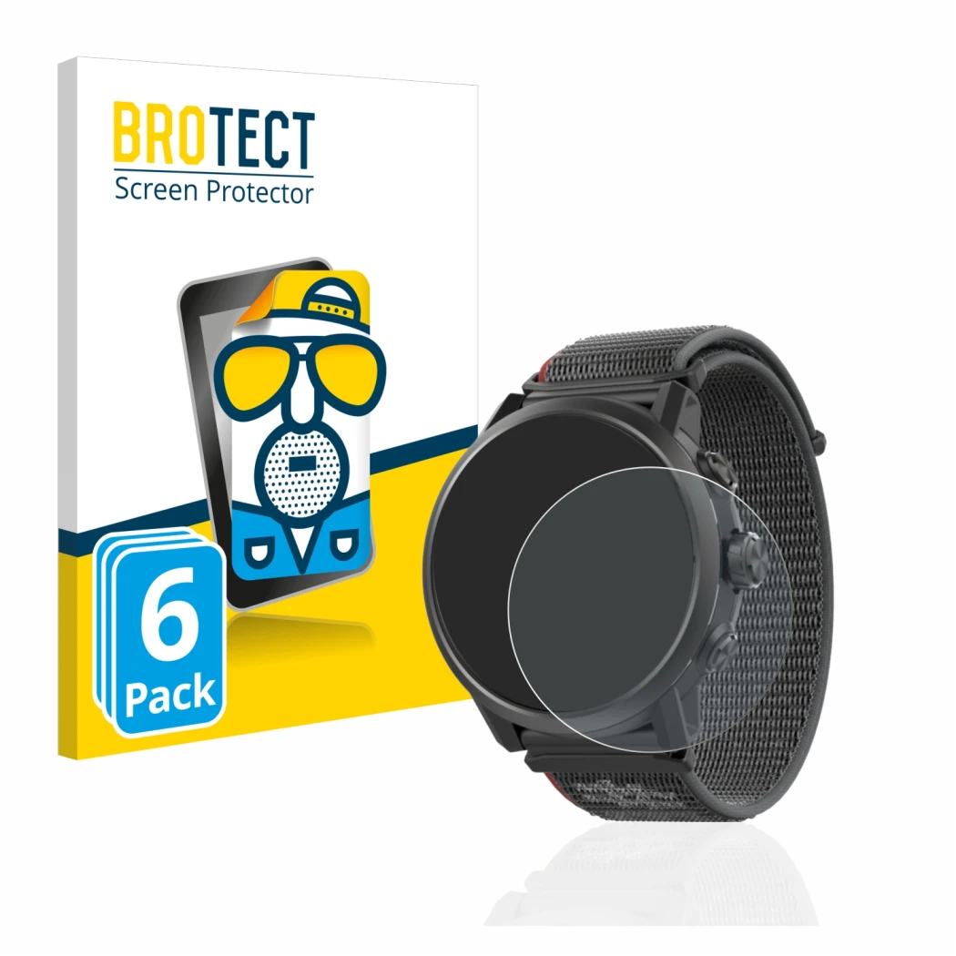 Parte frontal de un envase de producto con el logotipo de la marca BROTECT. Al lado se muestra el dispositivo Coros Apex 2 con