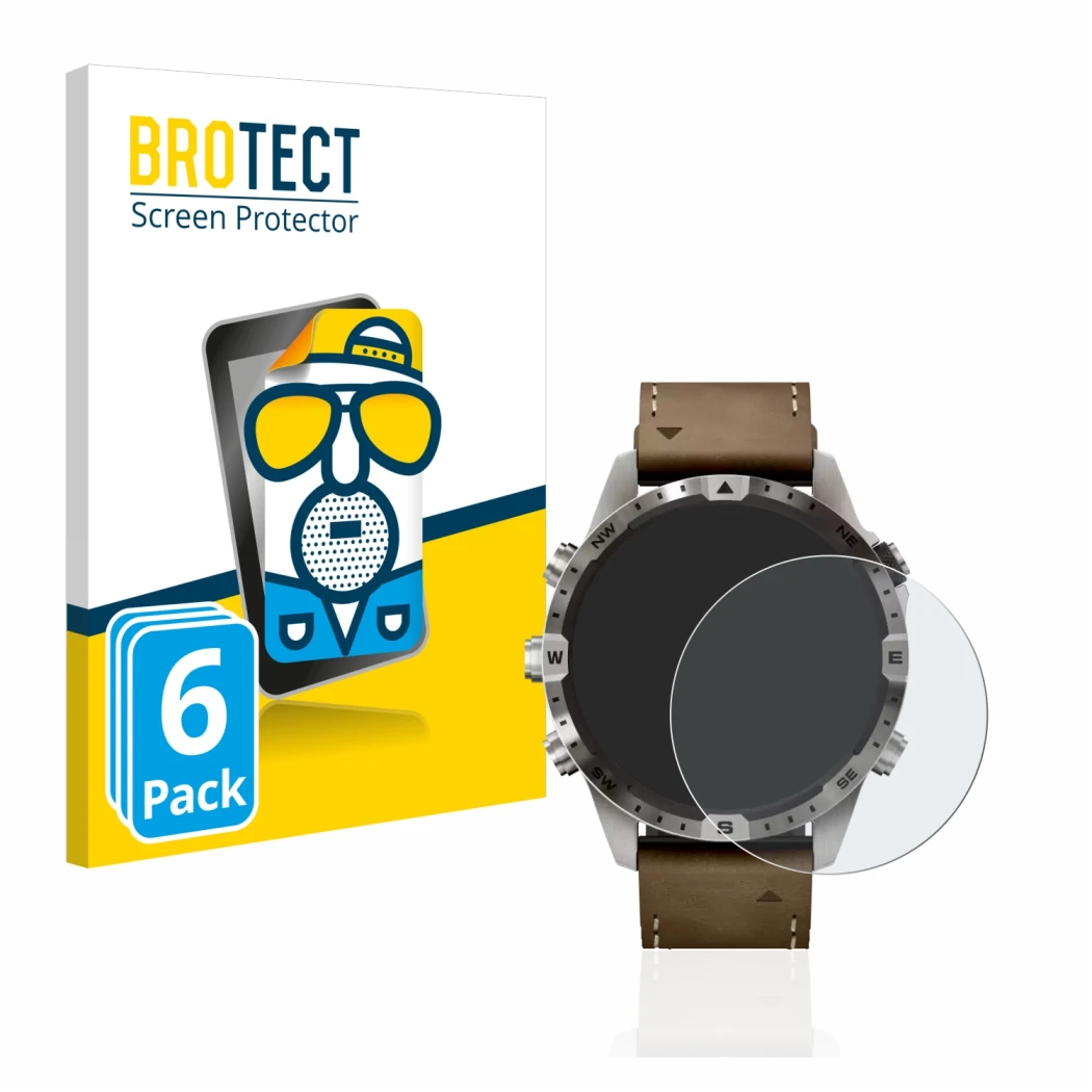 Parte frontal de un envase de producto con el logotipo de la marca BROTECT. Al lado se muestra el dispositivo Garmin Marq Adve