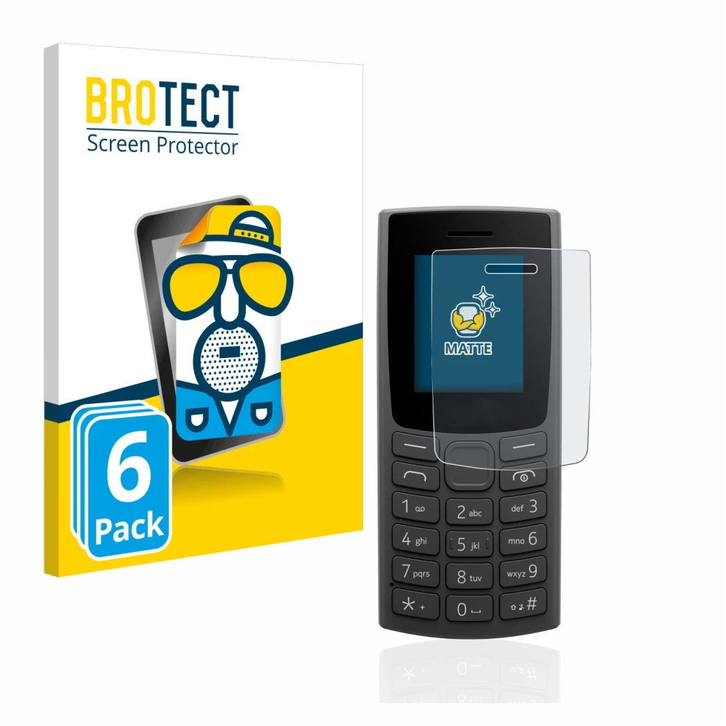 Parte frontal de un envase de producto con el logotipo de la marca BROTECT. Al lado se muestra el dispositivo Nokia 110 (2023)