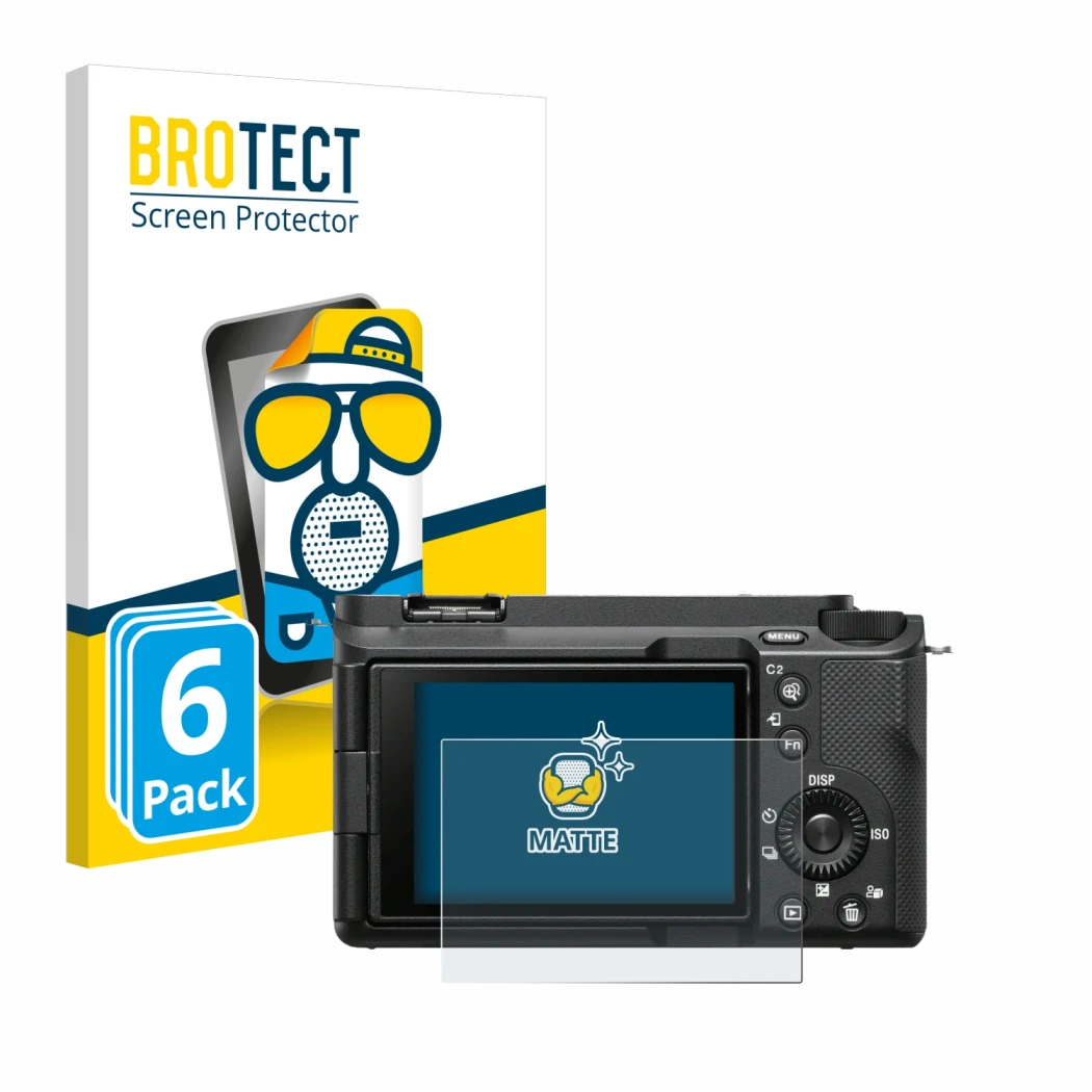 Parte frontal de un envase de producto con el logotipo de la marca BROTECT. Al lado se muestra el dispositivo Sony Alpha ZV-E1