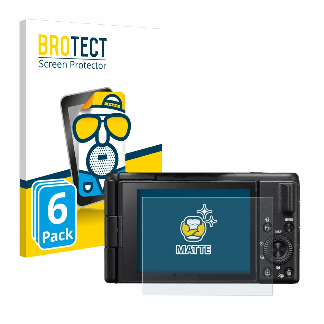 Parte frontal de un envase de producto con el logotipo de la marca BROTECT. Al lado se muestra el dispositivo Sony ZV-1M2 con