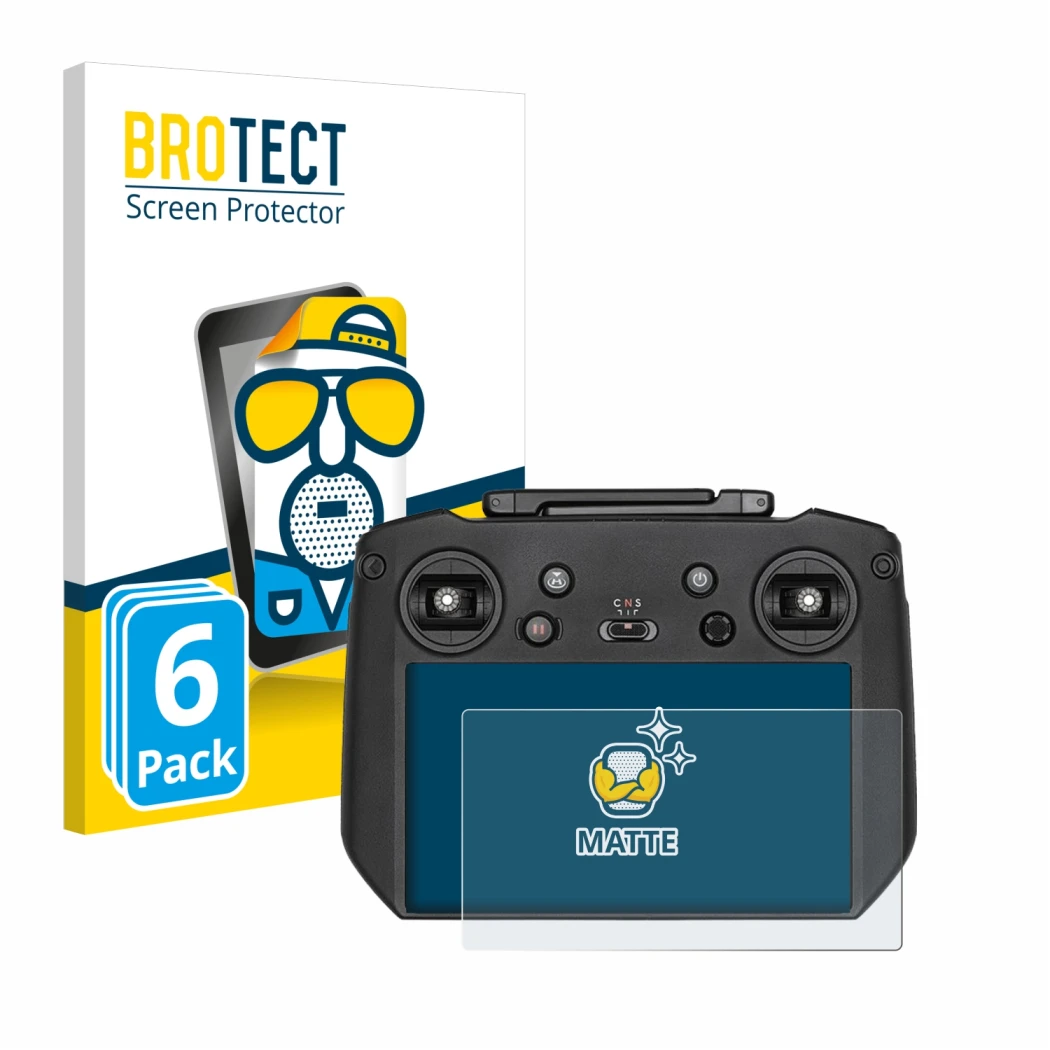 Parte frontal de un envase de producto con el logotipo de la marca BROTECT. Al lado se muestra el dispositivo DJI Mavic 3 RC P