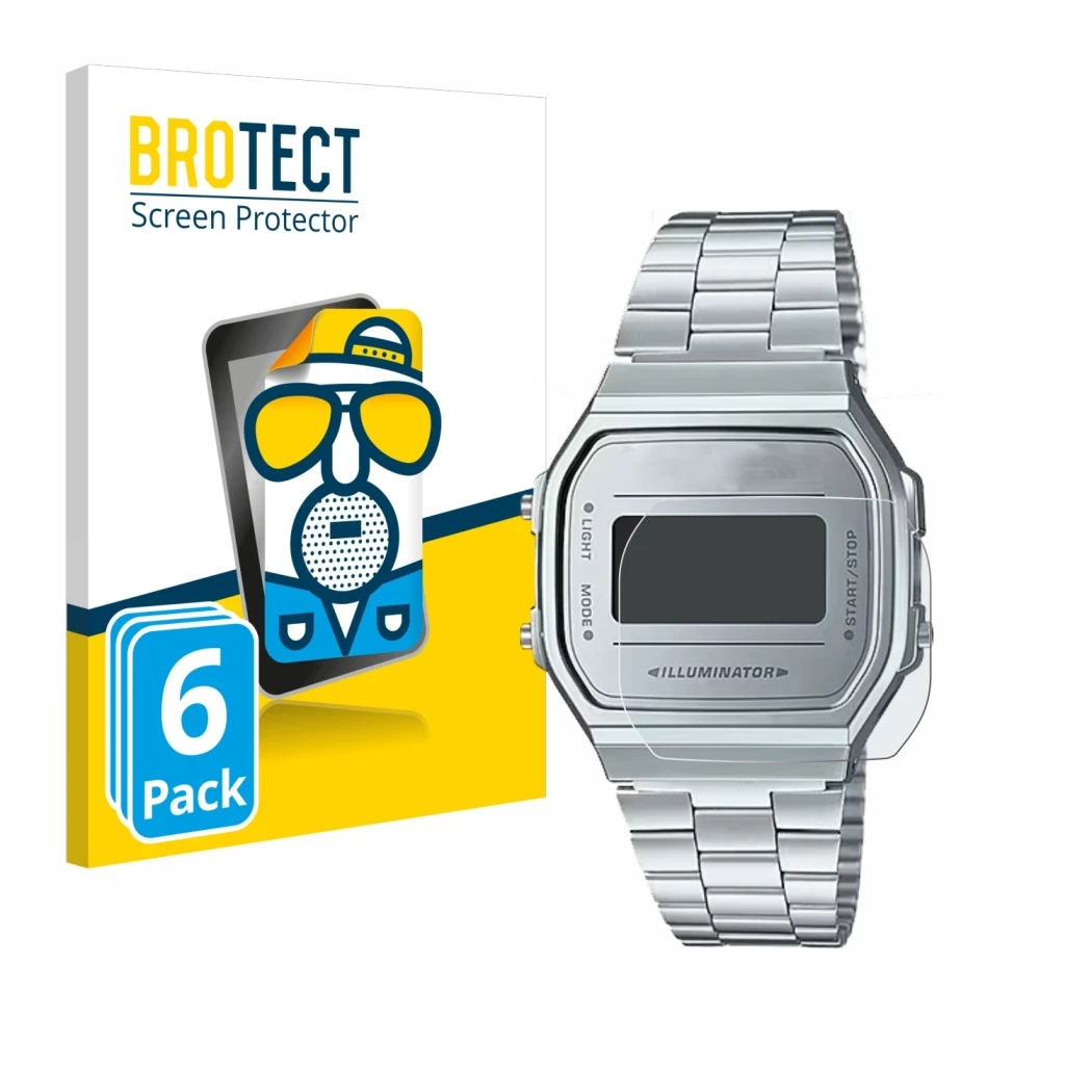 Parte frontal de un envase de producto con el logotipo de la marca BROTECT. Al lado se muestra el dispositivo Casio A168WEM-7E