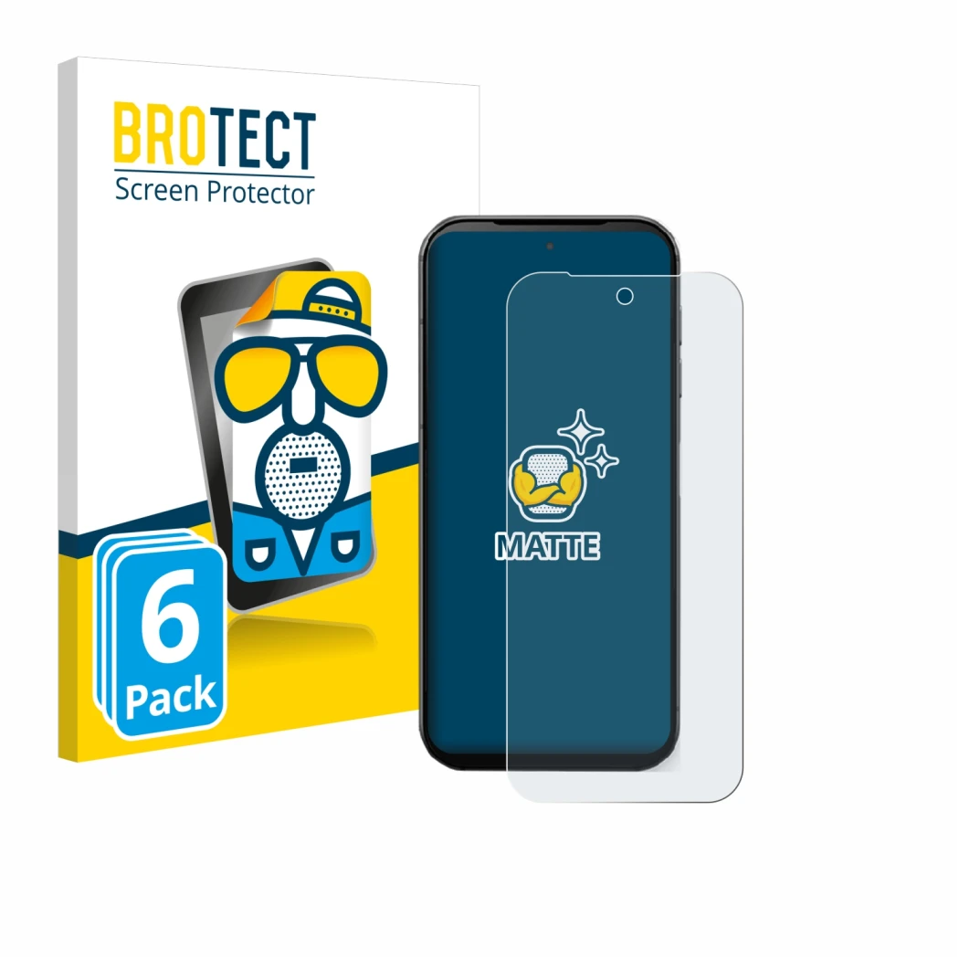 Parte frontal de un envase de producto con el logotipo de la marca BROTECT. Al lado se muestra el dispositivo Fairphone 5 con