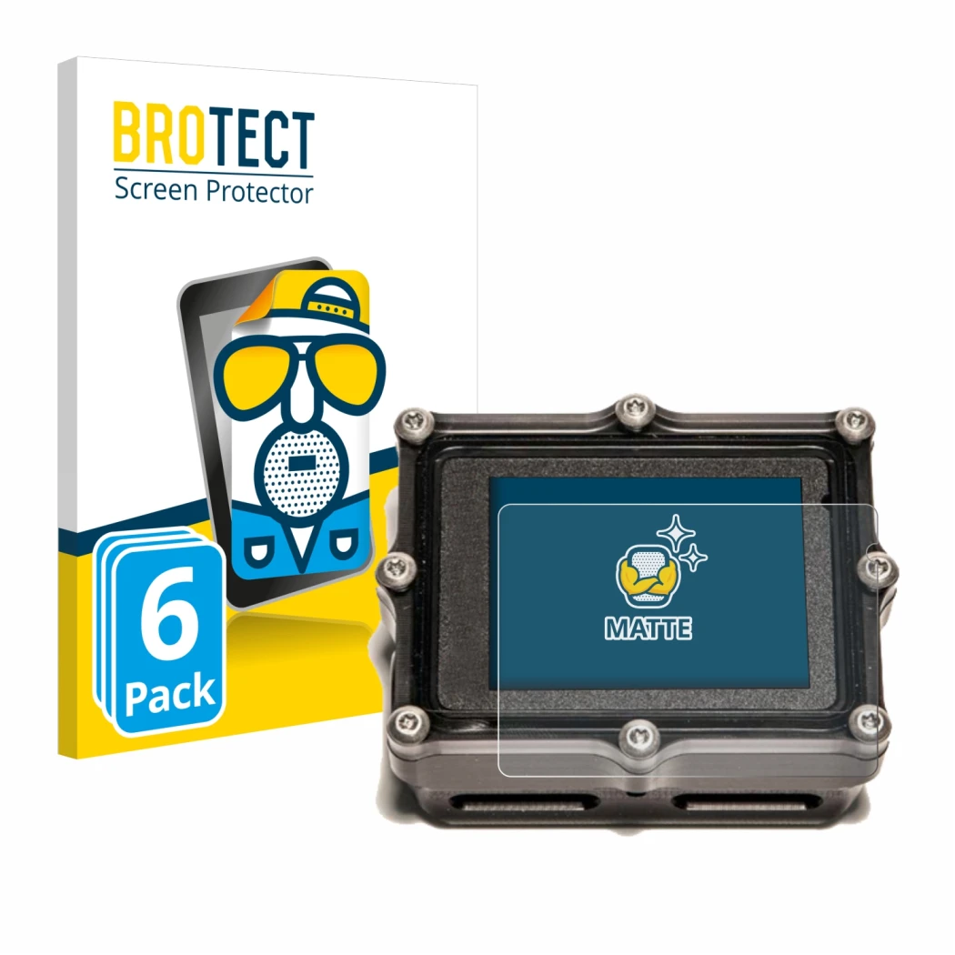 Parte frontal de un envase de producto con el logotipo de la marca BROTECT. Al lado se muestra el dispositivo Shearwater Petre