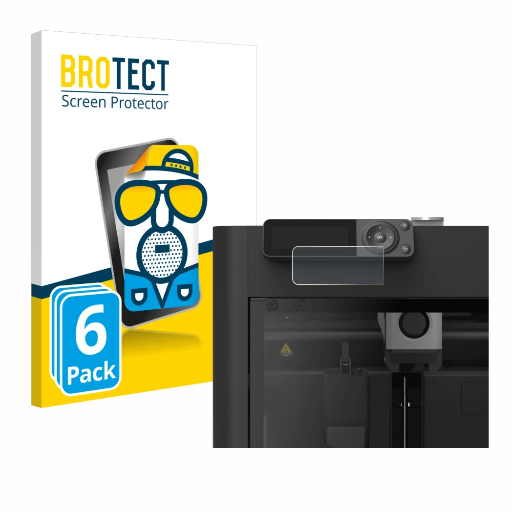 Parte frontal de un envase de producto con el logotipo de la marca BROTECT. Al lado se muestra el dispositivo Bambu Lab P1S 3D