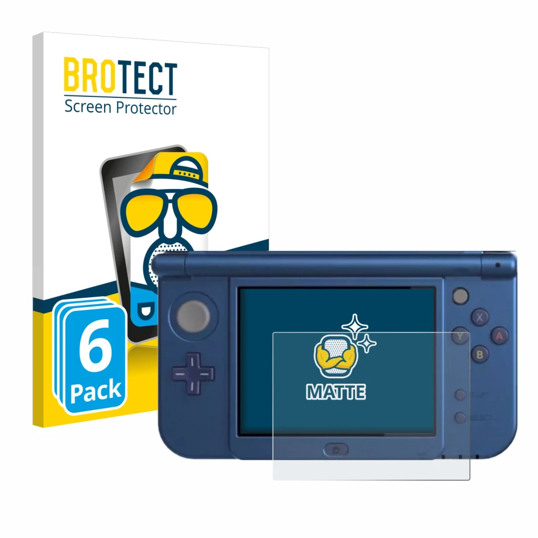 Parte frontal de un envase de producto con el logotipo de la marca BROTECT. Al lado se muestra el dispositivo Nintendo New 3DS