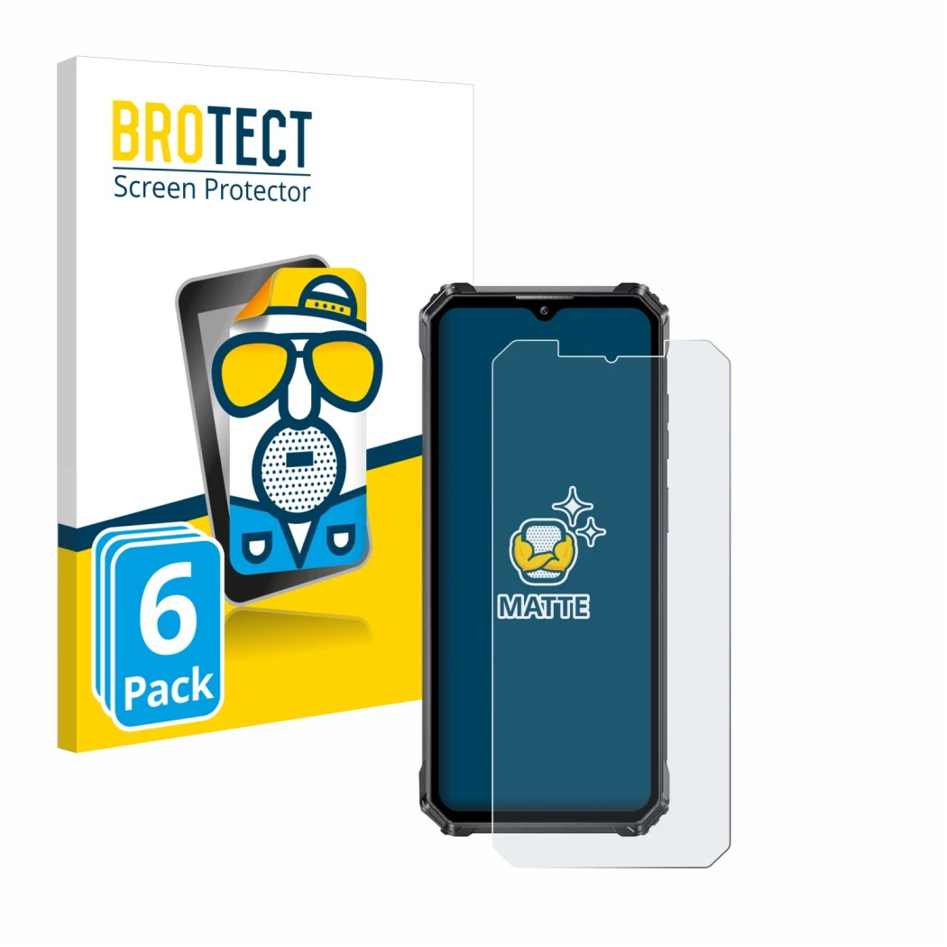 Parte frontal de un envase de producto con el logotipo de la marca BROTECT. Al lado se muestra el dispositivo Oukitel WP28 con