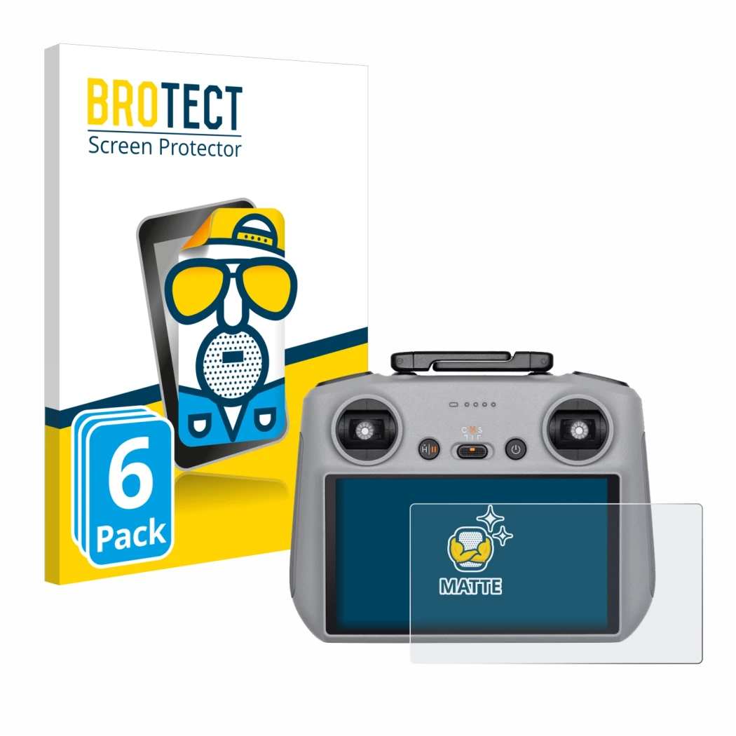 Parte frontal de un envase de producto con el logotipo de la marca BROTECT. Al lado se muestra el dispositivo DJI RC 2 con su