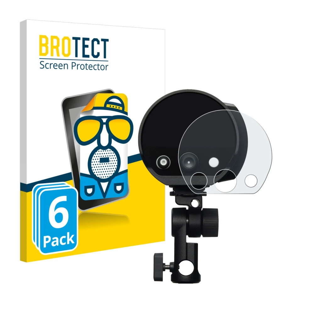 Parte frontal de un envase de producto con el logotipo de la marca BROTECT. Al lado se muestra el dispositivo Profoto B10X con
