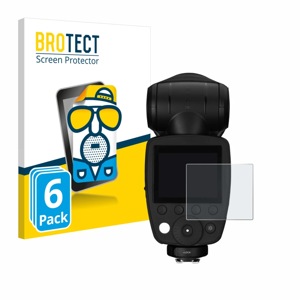 Parte frontal de un envase de producto con el logotipo de la marca BROTECT. Al lado se muestra el dispositivo Profoto A10 con 