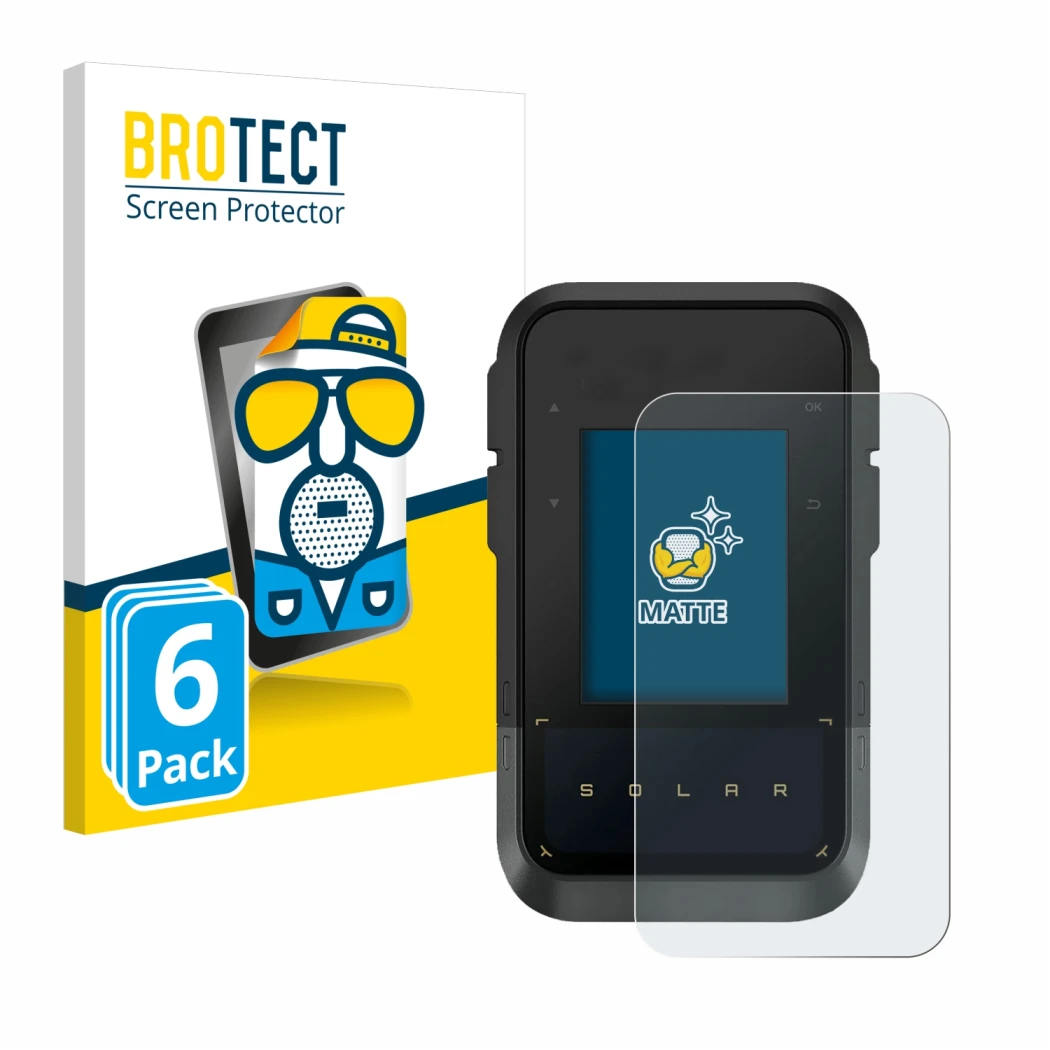 Parte frontal de un envase de producto con el logotipo de la marca BROTECT. Al lado se muestra el dispositivo Garmin eTrex Sol