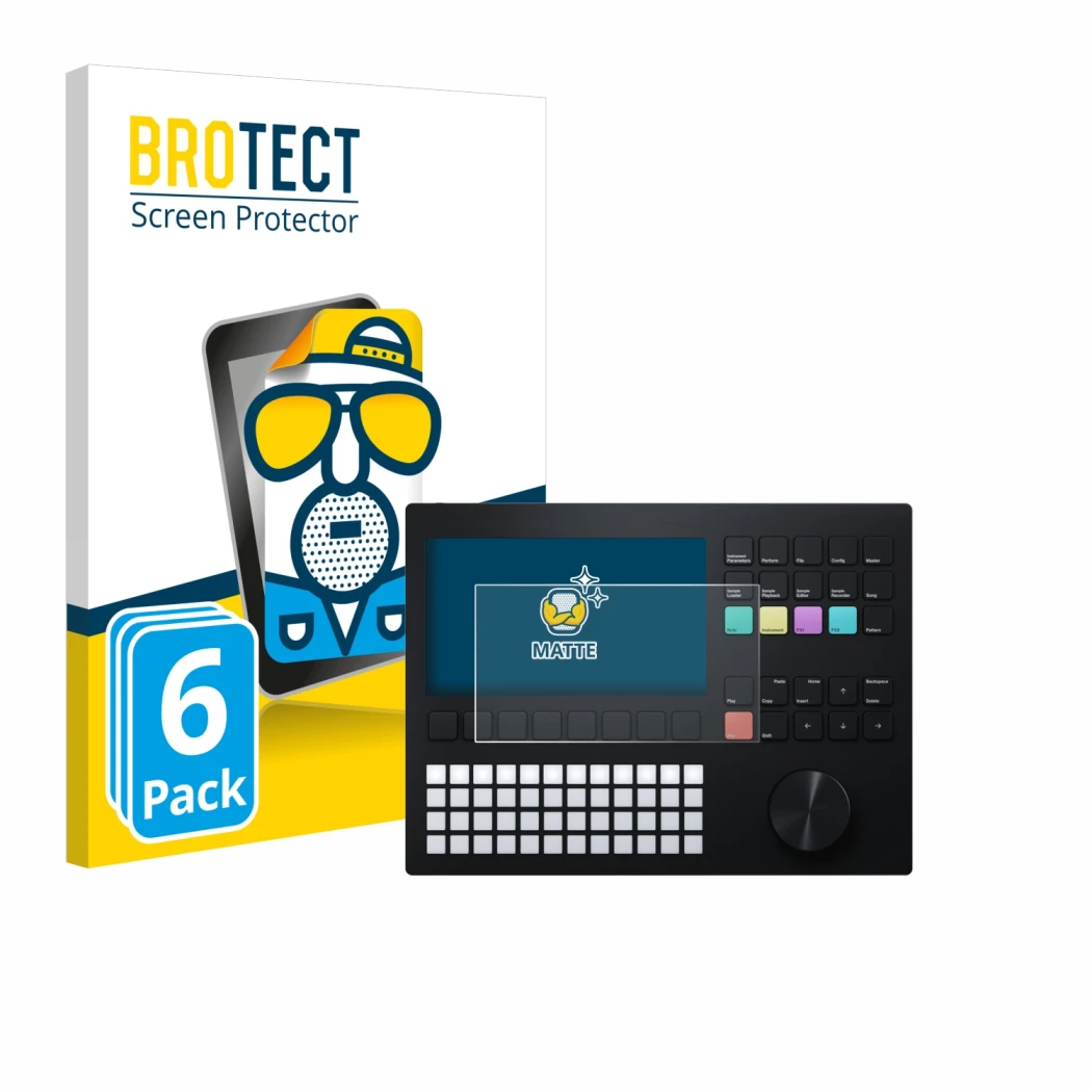 Parte frontal de un envase de producto con el logotipo de la marca BROTECT. Al lado se muestra el dispositivo Polyend Tracker 