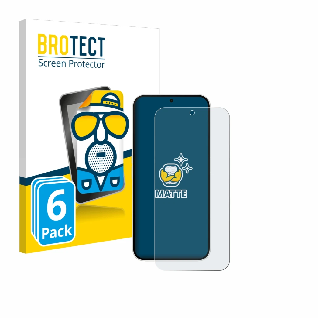 Parte frontal de un envase de producto con el logotipo de la marca BROTECT. Al lado se muestra el dispositivo Nothing Phone (2