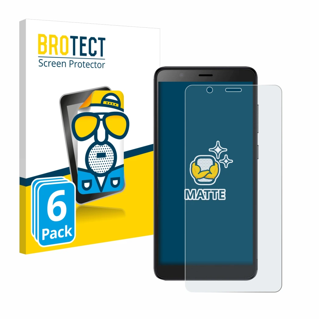 Parte frontal de un envase de producto con el logotipo de la marca BROTECT. Al lado se muestra el dispositivo ZTE Blade A32 co