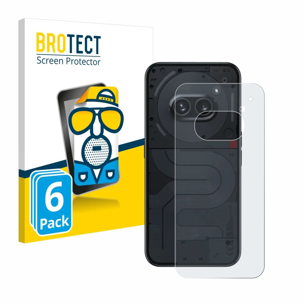 Parte frontal de un envase de producto con el logotipo de la marca BROTECT. Al lado se muestra el dispositivo Nothing Phone (2
