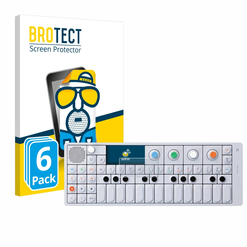 Parte frontal de un envase de producto con el logotipo de la marca BROTECT. Al lado se muestra el dispositivo Teenage Engineer