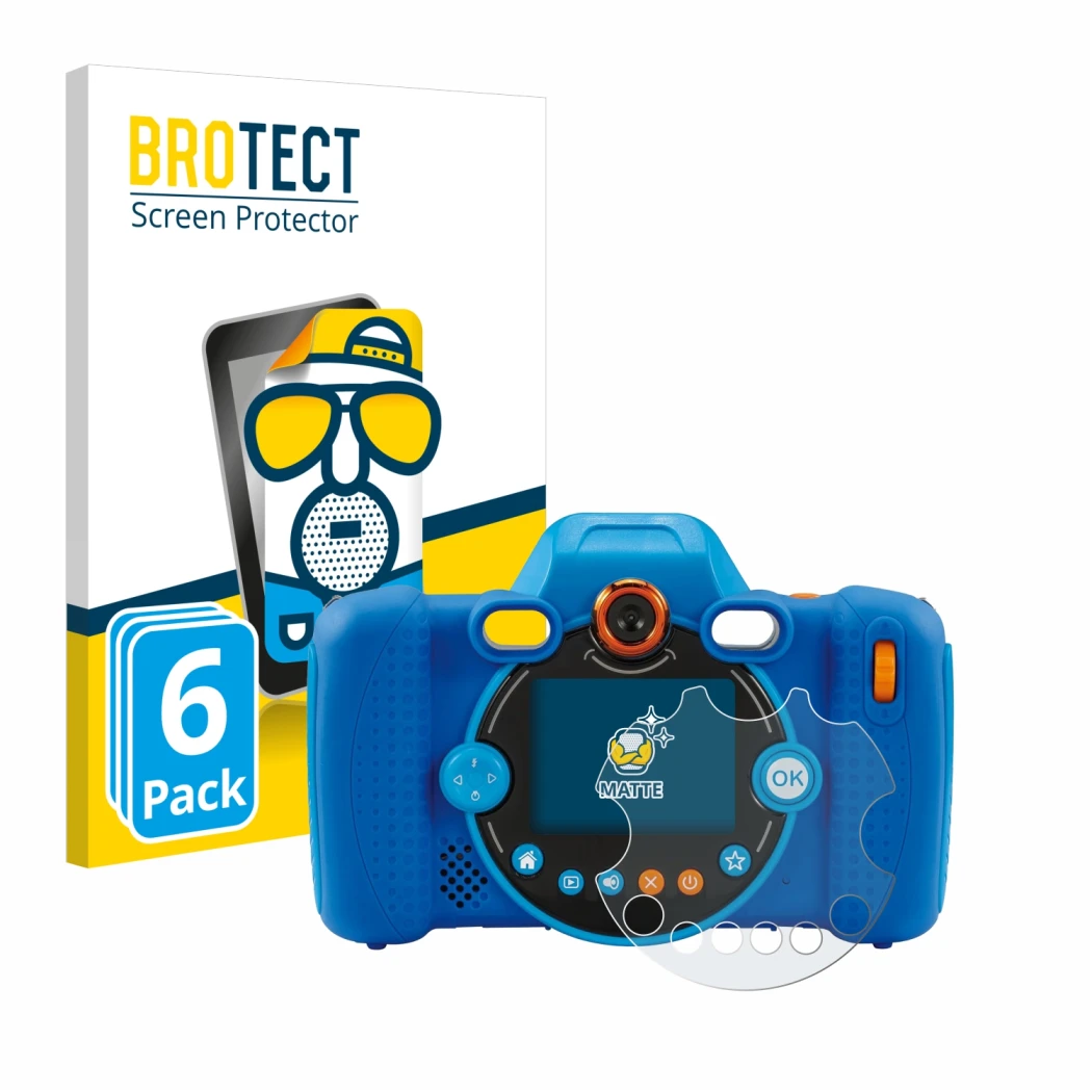 Parte frontal de un envase de producto con el logotipo de la marca BROTECT. Al lado se muestra el dispositivo Vtech Kidizoom D