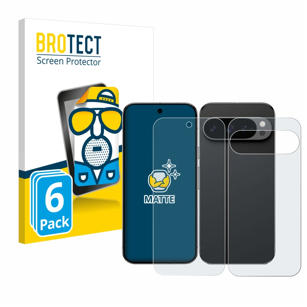 Parte frontal de un envase de producto con el logotipo de la marca BROTECT. Al lado se muestra el dispositivo Google Pixel 9 P