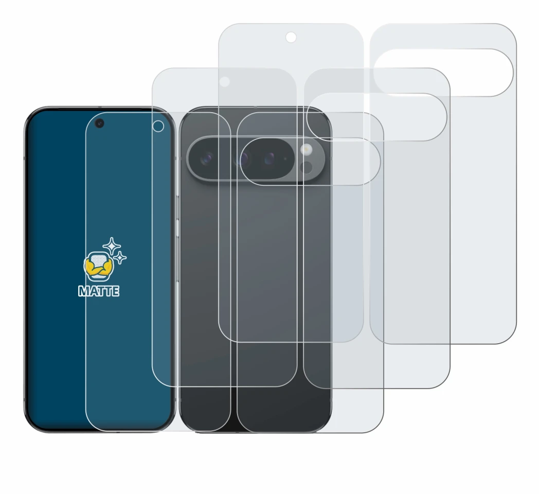 Imagen del dispositivo Google Pixel 9 Pro (Frontal+Trasero) con una amplia variedad de protectores de pantalla.