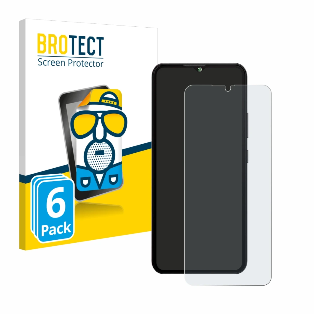 Parte frontal de un envase de producto con el logotipo de la marca BROTECT. Al lado se muestra el dispositivo Cubot A10 con su