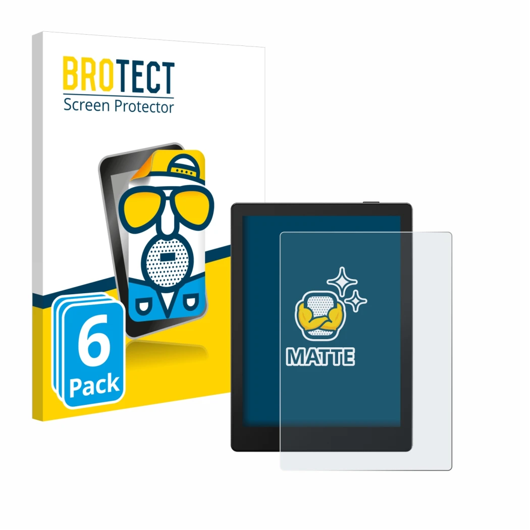 Parte frontal de un envase de producto con el logotipo de la marca BROTECT. Al lado se muestra el dispositivo Boox Go 6 con su