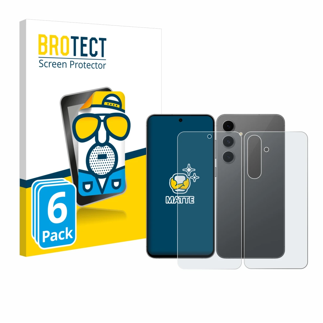 Parte frontal de un envase de producto con el logotipo de la marca BROTECT. Al lado se muestra el dispositivo Samsung Galaxy S