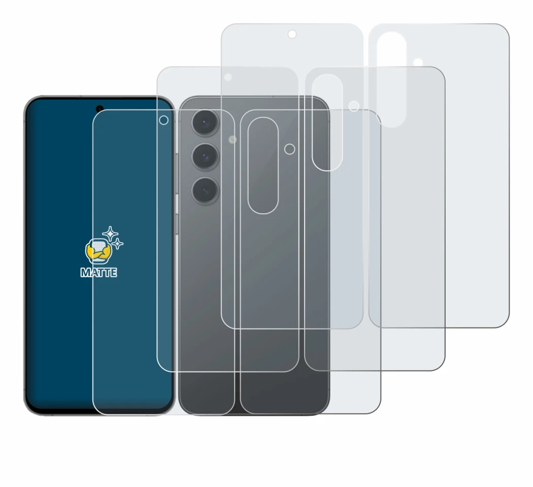 Imagen del dispositivo Samsung Galaxy S24 FE (Frontal+Trasero) con una amplia variedad de protectores de pantalla.