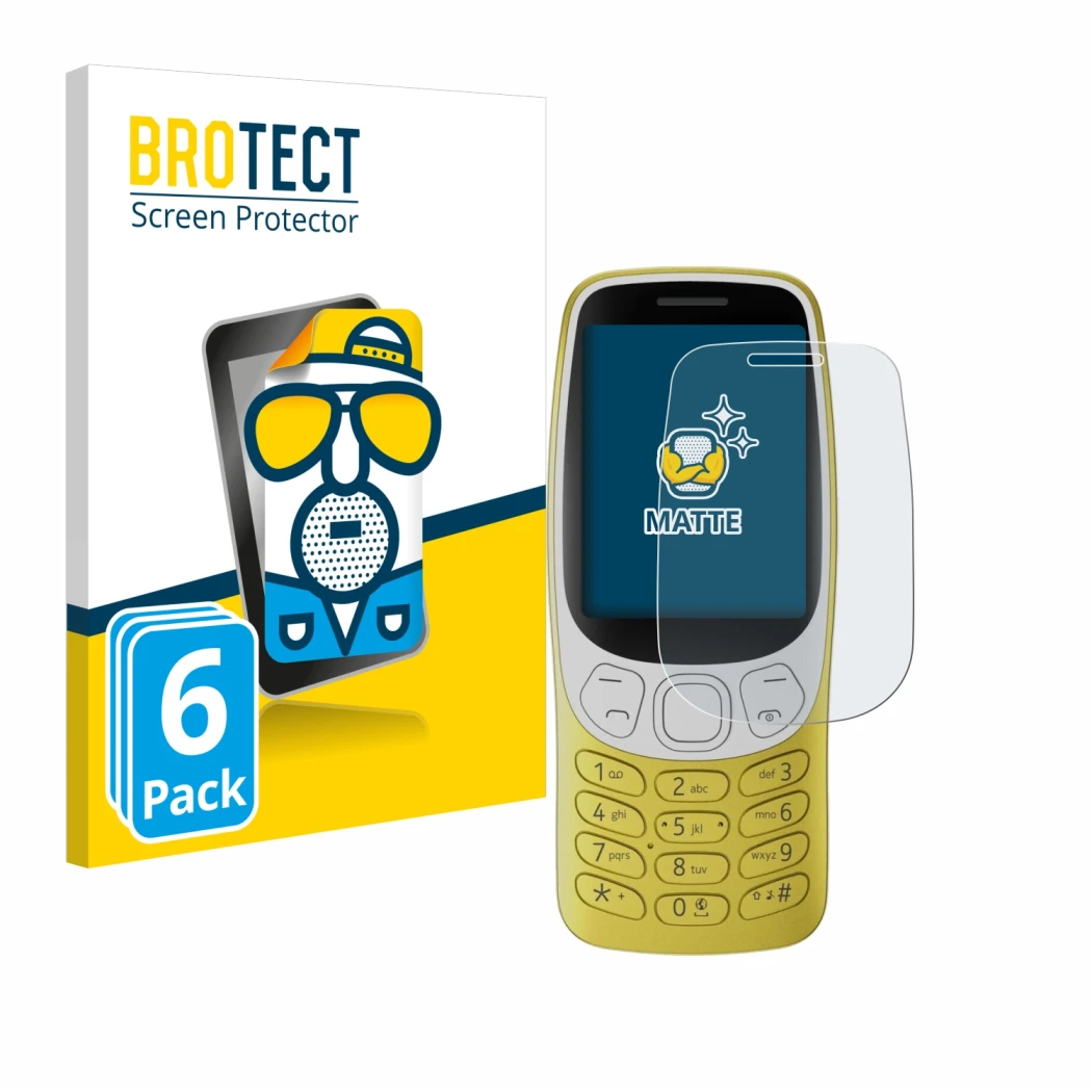 Parte frontal de un envase de producto con el logotipo de la marca BROTECT. Al lado se muestra el dispositivo Nokia 3210 con s