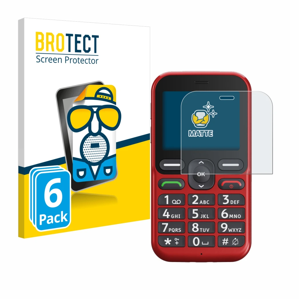 Parte frontal de un envase de producto con el logotipo de la marca BROTECT. Al lado se muestra el dispositivo Doro Leva L10 co