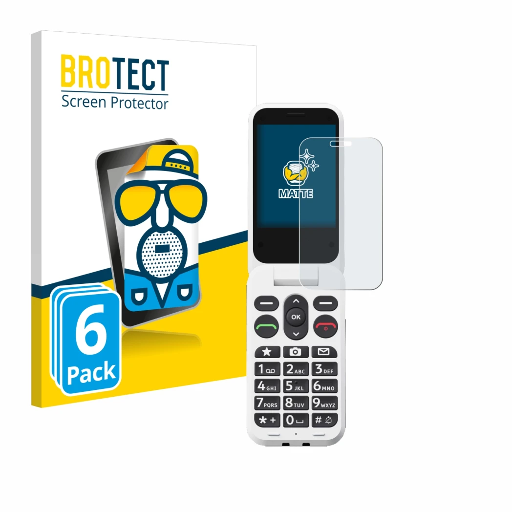 Parte frontal de un envase de producto con el logotipo de la marca BROTECT. Al lado se muestra el dispositivo Doro Leva L30 co