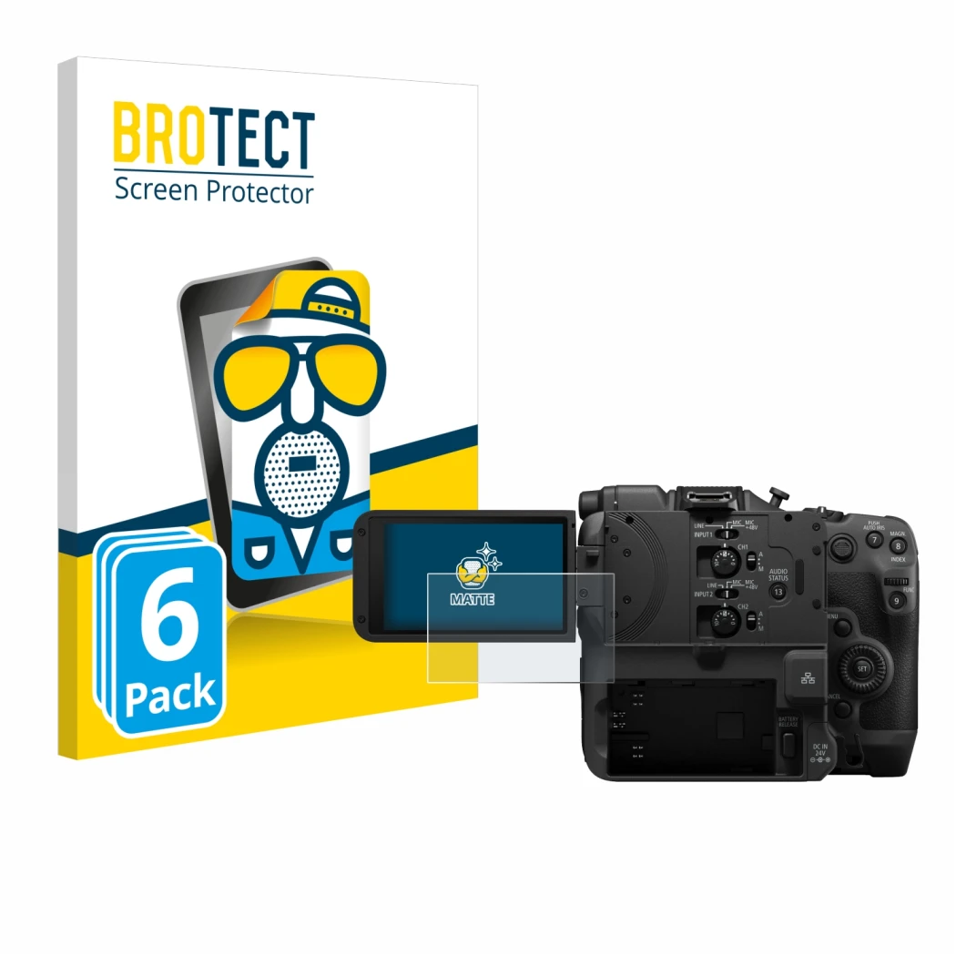 Parte frontal de un envase de producto con el logotipo de la marca BROTECT. Al lado se muestra el dispositivo Canon EOS C400 c