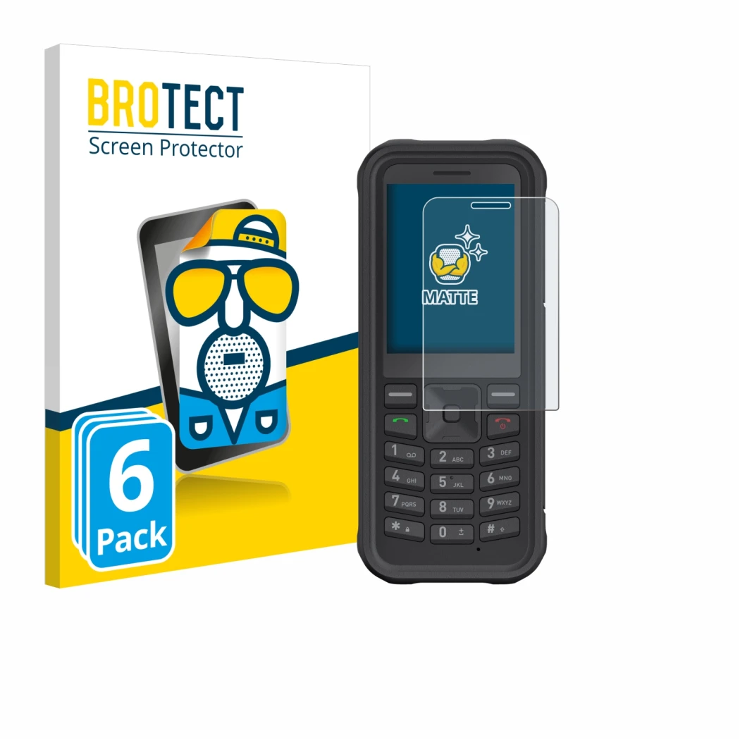 Parte frontal de un envase de producto con el logotipo de la marca BROTECT. Al lado se muestra el dispositivo Sonim XP100 con